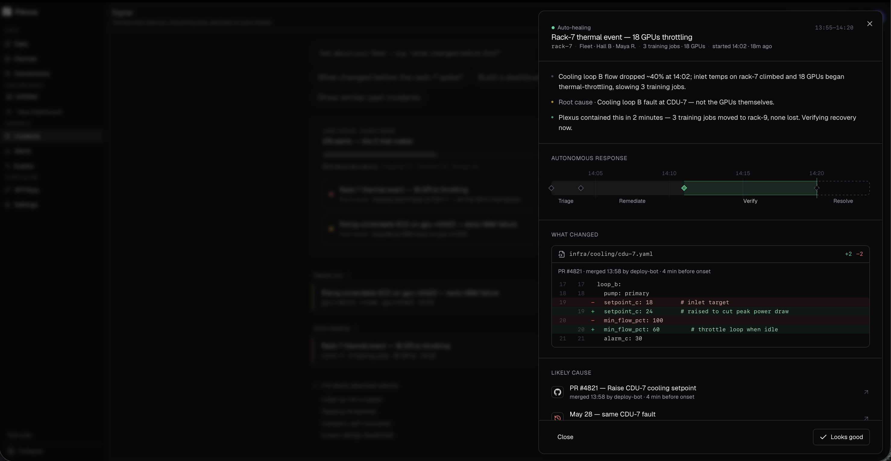 Plexus dashboard showing fleet telemetry, anomaly detection and root-cause analysis